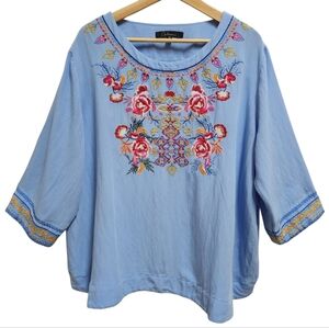 Caleaas Top Women 2X Blue Red Cotton Embroidered Floral 3/4 Slv Boho Soft Casual